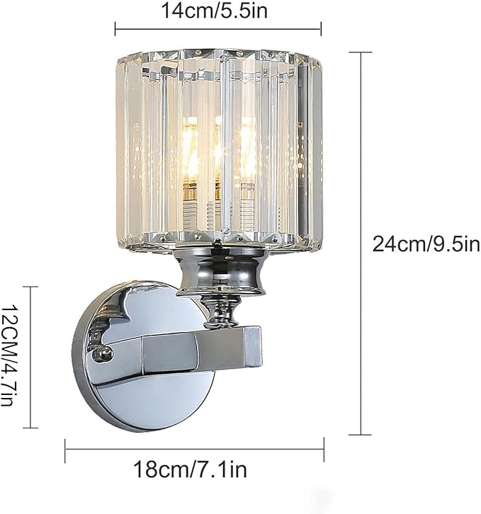 Hardwired Crystal Wall Sconces, Modern E27 Wall Lights, Silver Round Finish Wall Lamp for Living Room Bedroom Dining Room Hallway Entryway (Silver Round)