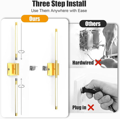 Battery Operated Wall Sconces Set of 2 Rechargeable LED Wall Lights, Dimmable 3000K-6500K, Battery Sconces Wall Decor for Bedroom Living Room Hallwayated Wall Sconce （2 Pack） (Gold, 28 INCH)
