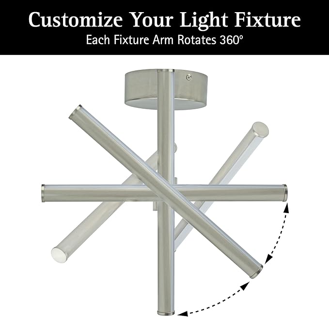 Ultralux Free Form LED Ceiling Light Fixture - Dimmable & Customizable, Semi-Flush Mount with Adjustable Light Bars - Easy-Install, Energy Efficient LED - (16", Brushed Nickel)