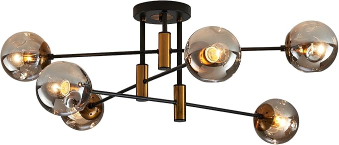DDLLDESHI 6-Light Glass Globe Sputnik Chandelier Modern Matte Black and Gold Ceiling Light Fixture Vintage Hanging Chandeliers for Farmhouse Living Room, Kitchen Dining Room Bedroom