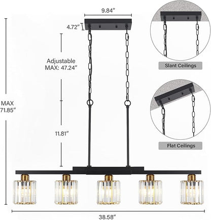 Kitchen Island Light Fixtures ，5 Lights Black and Gold Chandeliers for Dining Room Over Table, Modern Luxury Crystals Pendant Lighting Hanging