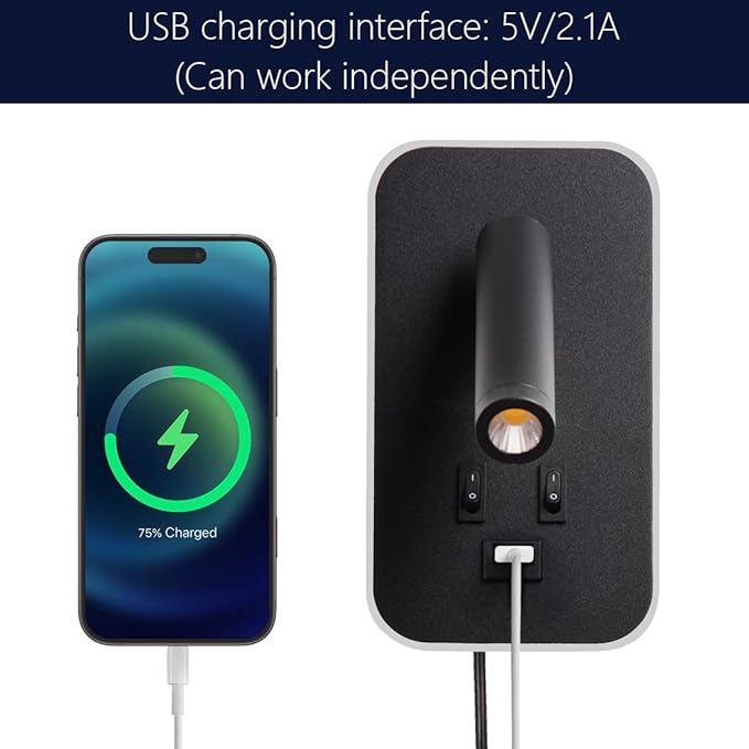 Wall Mounted LED Reading Light for Bed Headboard, Bedside Wall Sconces USB Charging, Night Light for Bedroom, Ambient Lighting Wall Mounted Sconce for Bedroom, Plug-in or Hardwired, Black