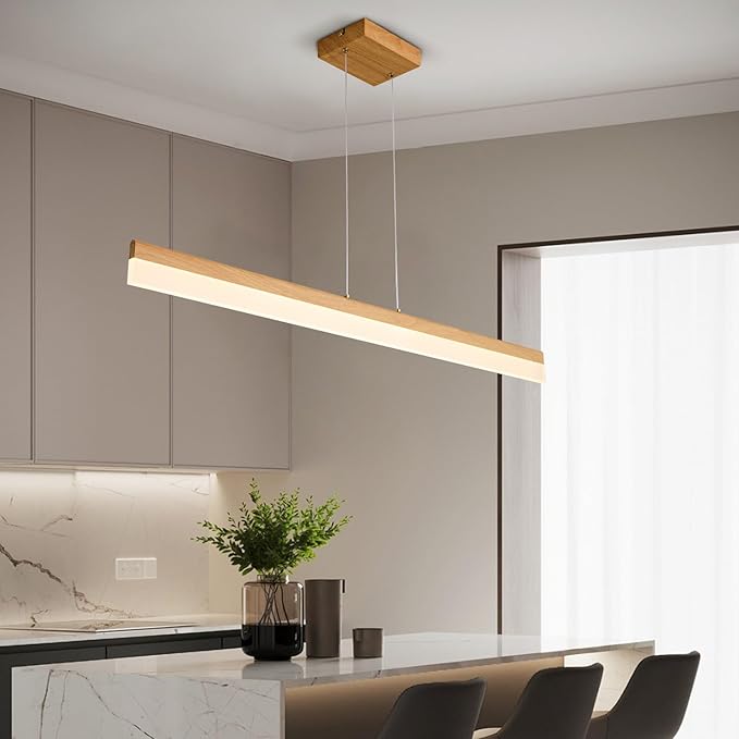 Modern LED Linear Pendant Light Dimmable LED Chandelier 39” Woodgrain Dining Room Light Adjustable Height Ceiling Hanging Light 3000K Island Light for Dinning Room Kitchen