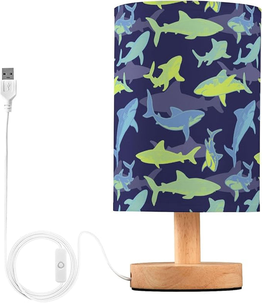 Table Lamp Shark Underwater Pattern Nightstand Lamp with Wood Base Fabric Lamp Shade Bedside Desk Lamp for Living Room Bedroom Kids Room Office