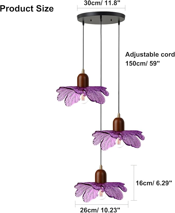 Mid Century Pendant Light 3-Light Purple Glass Chandelier Vintage Walnut Wood Hanging Pendant Lamp Art Decoration Light Fixtures Modern Pendant Lighting for Dining Room Bedroom