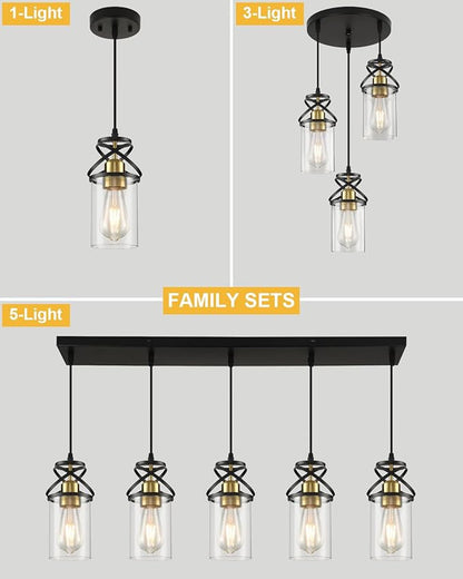 Modern Pendant Light Fixture, Black Gold Farmhouse Hanging Light for Kitchen Island, Industrial Clear Glass Pendant Lighting for Dining Room Bedroom, 3-Pack