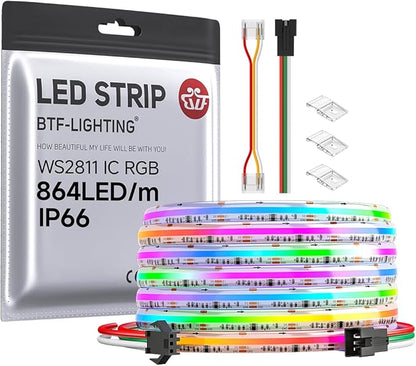 BTF-LIGHTING FCOB IP66 WS2811 IC RGB COB LED Strip 864LED/m Flexible High Density Color Chasing Uniform Light DC12V 16.4FT 24IC/m 12mm Width for Lighting Projects(No Adapter or Controller)