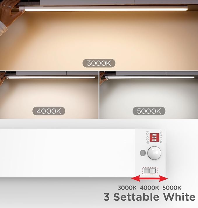 Leetdud Under Cabinet Lighting Plug in 9 Inch, 120V Motion Sensor Lights Indoor, 3CCT 3000/4000/5000K, Aluminum Linkable Super Bright LED Counter Light with Timer for Kitchen, Shelf, Closet, 1 Pack