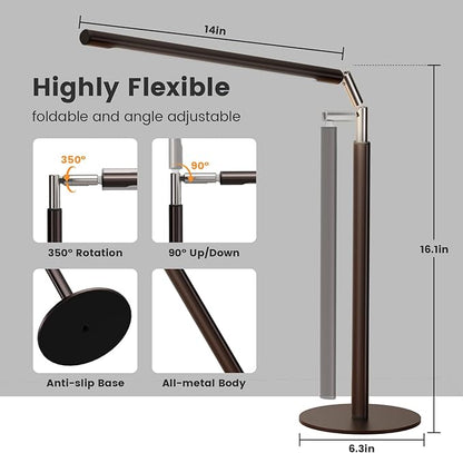 SIBRILLE Brown LED Desk Lamp, 16" Dimmable Metal Desk Light with Base, 15W 1200LM, Adapter Included, Color & Brightness Adjustable, Modern Tall Table Lamp for Home Office Reading Study Task Laptop