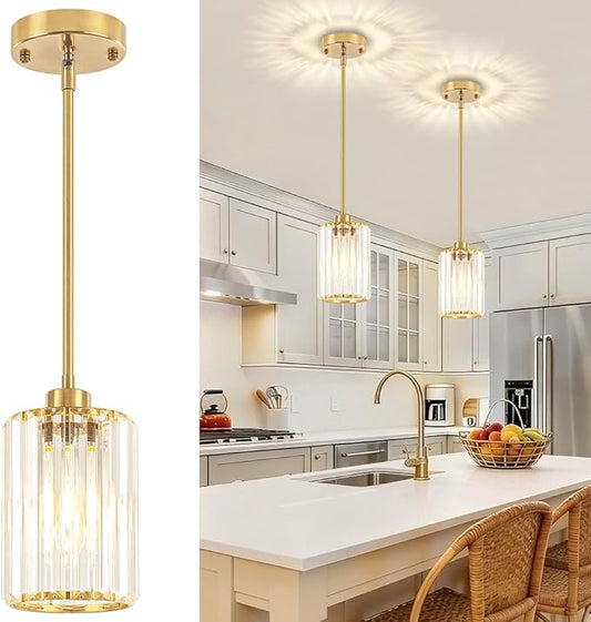 2 Pack Crystal Pendant Lights Kitchen Island, Brushed Brass Kitchen Pendant Lighting Over Island, Modern Dining Room Light Fixtures Adjustable Hanging Pendant Light for Bathroom Hallway Bedroom Foyer