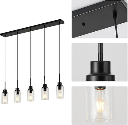 Black Dimmable Pendant Lighting for Kitchen Island, 5-Light Modern Pendant Lights for Kitchen Restaurant Living Room with Clear Glass Shade
