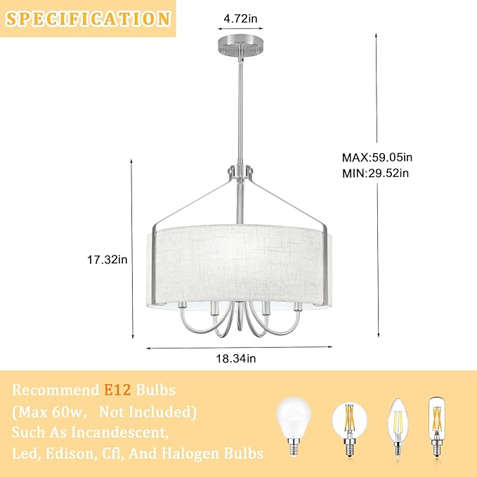Drum Chandelier for Dining Room, 5-Light Modern Brushed Nickel Chandelier with Linen Shade, 18" Hanging Linen Drum Pendant Ceiling Light Fixture for Entryway, Foyer, Living Room, Kitchen, Bedroom