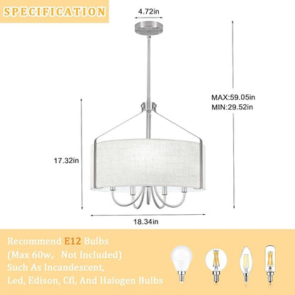 Drum Chandelier for Dining Room, 5-Light Modern Brushed Nickel Chandelier with Linen Shade, 18" Hanging Linen Drum Pendant Ceiling Light Fixture for Entryway, Foyer, Living Room, Kitchen, Bedroom