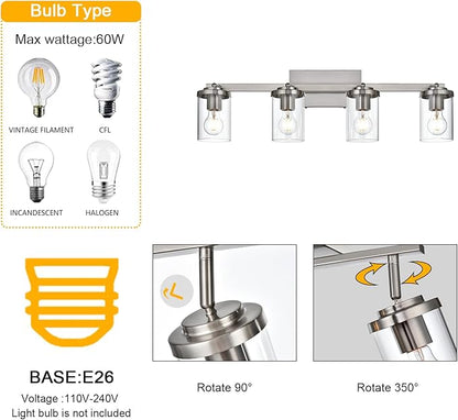 BONLICHT Modern Track Lighting Fixtures Ceiling 4 Light Adjustable Indoor Spotlight Brushed Nickel Farmhouse Bath Vanity Light Wall Mount Lamp with Clear Glass Shade
