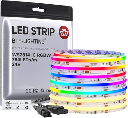 BTF-LIGHTING FCOB COB LED Strip Light, WS2814 Smart IC RGBW 3000K Color Chasing Light, UL Listed DC24V 24FT 784LEDs/m High Density 10mm Width for Home Party DIY Decor(No Adapter or Controller)