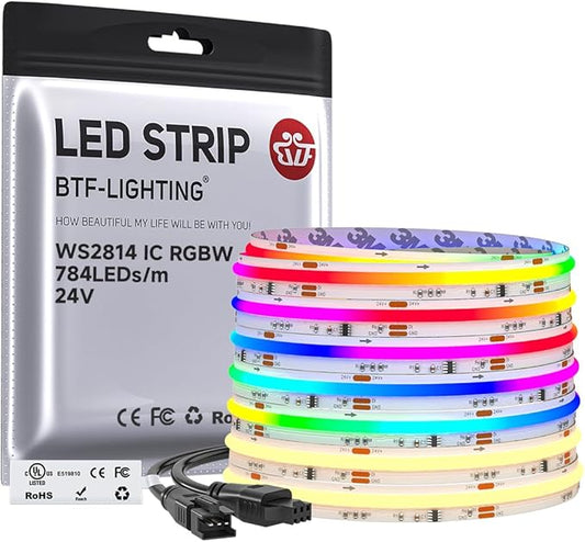 BTF-LIGHTING FCOB COB LED Strip Light, WS2814 Smart IC RGBW 3000K Color Chasing Light, UL Listed DC24V 24FT 784LEDs/m High Density 10mm Width for Home Party DIY Decor(No Adapter or Controller)