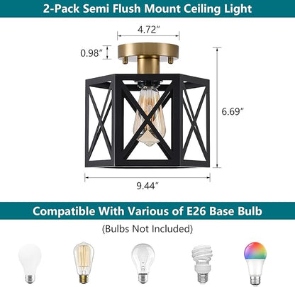 XSDeTu Black Gold Flush Mount Ceiling Light Fixtures, Farmhouse Ceiling Lights with Hexagonal Metal Cage, Modern Close to Ceiling Lamp, Small Chandelier for Kitchen Hallway Porch Bedroom, 2 Pack
