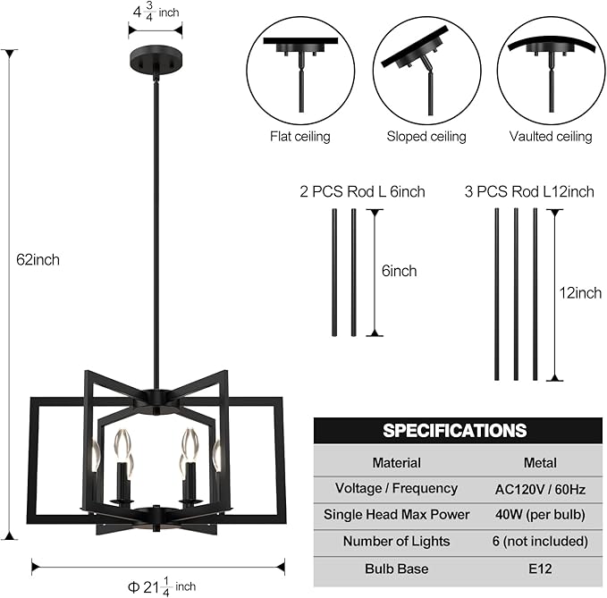 Modern Black Chandelier, 6-Light Geometric Dining Room Light Fixture, Industrial Pendant Lights Kitchen Island, Hanging Metal Farmhouse Chandeliers for Dining Room Entryway Foyer Bedroom Kitchen