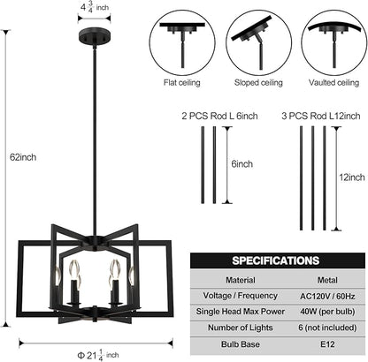 Modern Black Chandelier, 6-Light Geometric Dining Room Light Fixture, Industrial Pendant Lights Kitchen Island, Hanging Metal Farmhouse Chandeliers for Dining Room Entryway Foyer Bedroom Kitchen