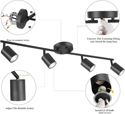 BoostArea LED 4 Light Track Lighting Kit, Black 4 Way Ceiling Spot Lighting, Flexibly Rotatable Light Head for Kitchen, Living Room, Bedroom, Bulb Not Included