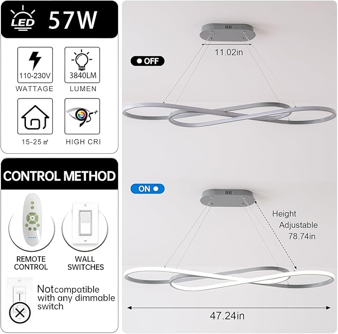Dimmable Modern LED Chandelier Contemporary Led Pendant Light Fixture Color Temperature 3000K-4000K-5000K Creative Design Kitchen Chandelier Light Fixture Adjustable Hanging Lamp
