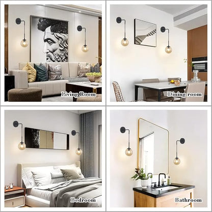 BOKT Matte Black Amber Glass Round Wall Sconce Light Mid Century Modern Globe Bathroom Wall Sconce Lamp Farmhouse Industrial Adjustable Bar Wall Light Fixture (Black+Amber)