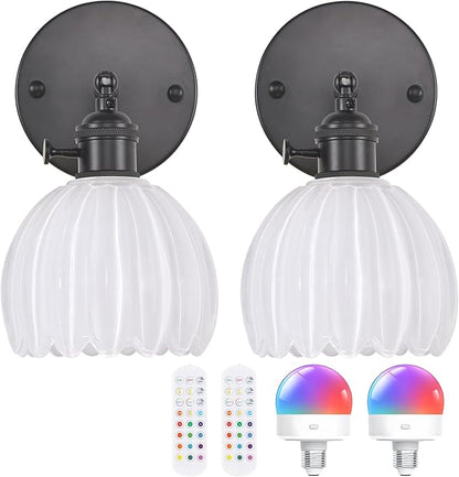 Shenmoyl Vintage Battery Operated Wall Sconce with White Tulip Glass Lampshade Rechargeable Battery Powered Black Wall Light with Remote Control for Bedside Bedroom Doorway, Set of 2