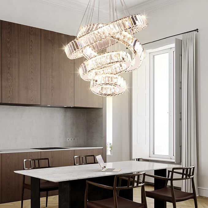 Dimmable Modern LED Chandelier with Remote 4 Ring Pendant Light Crystal Chandeliers for Dining Room Bedroom Living Room,3 Colors Adjustable,Dia7.9-11.8"-15.7"-19.7",79 W