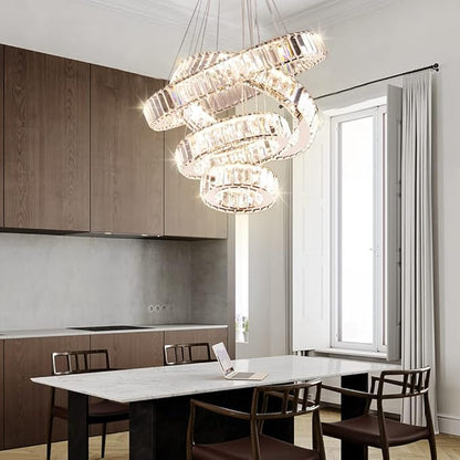 Dimmable Modern LED Chandelier with Remote 4 Ring Pendant Light Crystal Chandeliers for Dining Room Bedroom Living Room,3 Colors Adjustable,Dia7.9-11.8"-15.7"-19.7",79 W