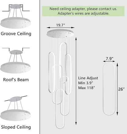 6 Rings Modern Chandelier LED Dimmable Pendant Lighting High Ceiling Chandelier for Entrance Foyer Lobby Staircaes Sliver 118''