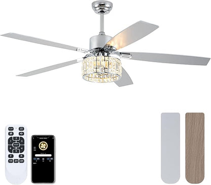 Chandelier Ceiling Fans with Lights and Remote,Caged Ceiling Fan with Light,App 5 Blades E26 Fandelier Ceiling Fans with Lights,Crystal Ceiling Fan for Bedroom,Living Room. (Nickel, 60 Inch)