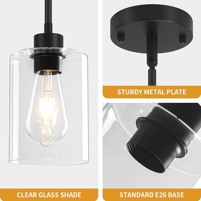 2 Pack Black Pendant Lights Kitchen Island, Modern Glass Pendant Lighting Over Island Kitchen Hanging Dining Room Light Fixtures Adjustable Pendant Lights for Bathroom Hallway Entryway Bedroom