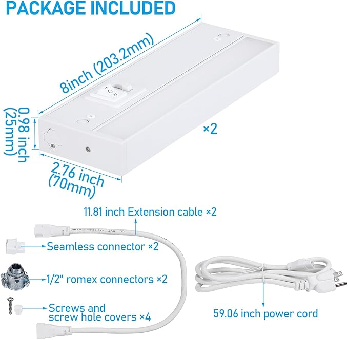 TORCHSTAR LED Under Cabinet Lighting 5CCT, 8 Inch 6W 450LM, Hardwired & Plug-in, 5 Color Selectable CRI90 120V ETL T24 Listed Dimmable Under Counter Lights for Kitchen, White Aluminum Housing, 2 Pack