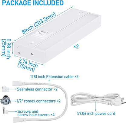 TORCHSTAR LED Under Cabinet Lighting 5CCT, 8 Inch 6W 450LM, Hardwired & Plug-in, 5 Color Selectable CRI90 120V ETL T24 Listed Dimmable Under Counter Lights for Kitchen, White Aluminum Housing, 2 Pack