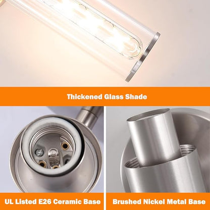 Brushed Nickel Wall Sconces Set of 2 (Hardwired Only), Bathroom Vanity Light Fixtures, Modern Cylinder Glass Wall Lights for Mirror 28-40 in Height, NOT Battery Operated, E26 Base (Bulbs Not Included)