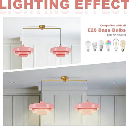 Pink 2-Light Pendant Light Industrial Chandelier, Vintage Adjustable Hanging Lights Modern Pendant Lamp for Kitchen Island, Dining Room, Bedroom, Entryway