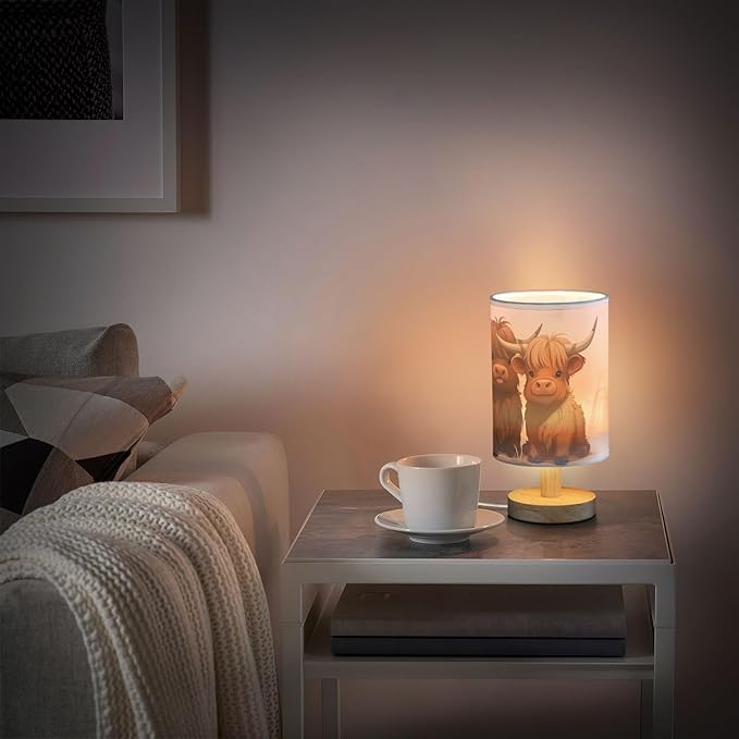 Bedside Table Lamp Fun Highland Cow Animal Nightstand Lamp with Wood Desk Lamps for Bedroom Living Room Nursery Office Home Decor