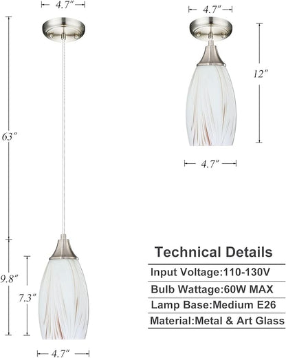 Mini Milk Glass Pendant Lights,Handcrafted Art Glass Pendant Hanging Light fixtures with Brushed Nickel Finish Adjustable Cord Glass Pendant Light Shade for Kitchen Island,Hallway,Dining Room