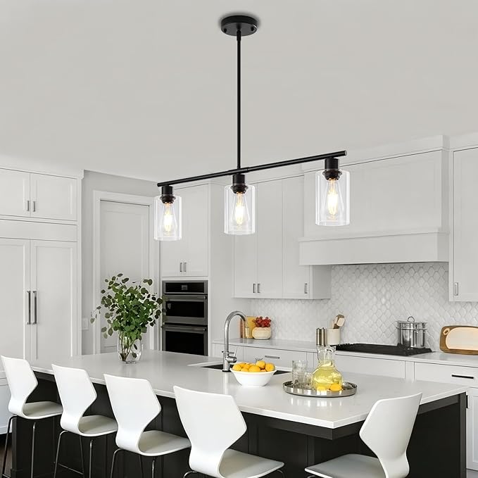 Modern Island Lights for Kitchen, Clear Glass Pendant Lighting Over Island Kitchen Hanging Light Fixtures 3-Light Black Farmhouse Chandelier for Dining Room Foyer Living Room