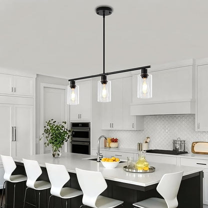 Modern Island Lights for Kitchen, Clear Glass Pendant Lighting Over Island Kitchen Hanging Light Fixtures 3-Light Black Farmhouse Chandelier for Dining Room Foyer Living Room