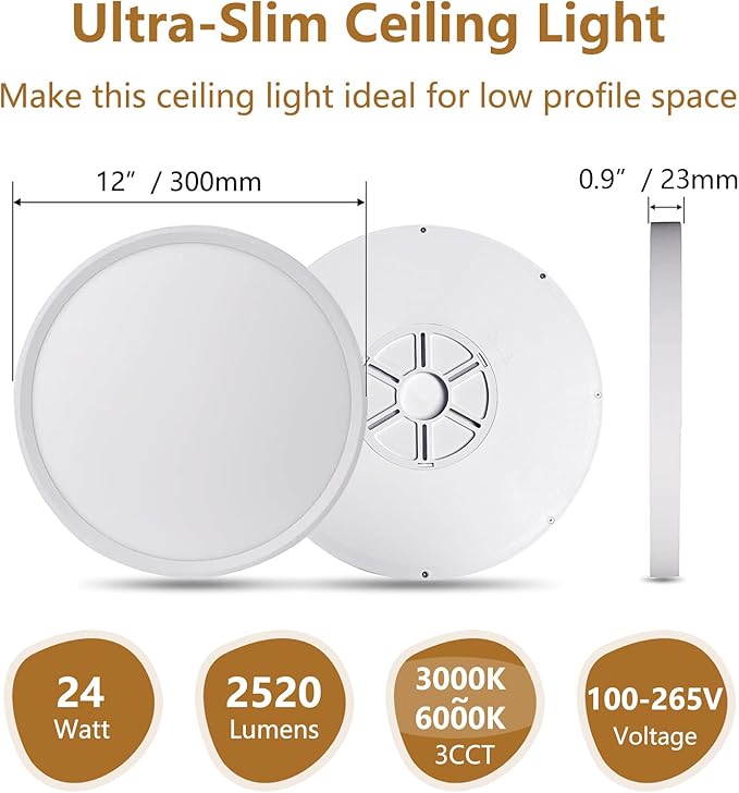 6PK 12 Inch LED Flush Mount Ceiling Light, 24W, 2520LM, 3000K/4000K/6000K CCT Selectable, 0.9inch Super Slim LED Ceiling Light Fixture, Low Profile Round Flat Panel Light for Bedroom,Kitchen,Hallway