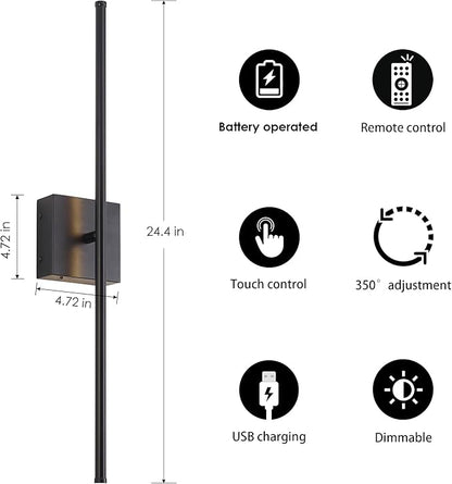 KARTOOSH Battery Operated Wall Sconces with Remote Control, Dimmable Wall Sconces Set of Two, 350°Rotate, 3000K LED Black Wireless Wall Light for Living Room, Hallway, Bedroom, 24.4 Inch (2 Pack)