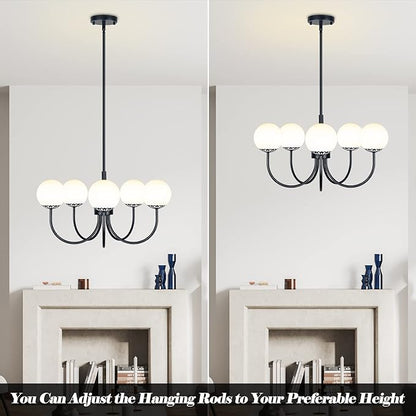 Black Chandelier Pendant Lighting, 5-Light Kitchen Light Fixtures, Mid-Century Modern Large Semi-Flush Ceiling Light Fixture with Frosted Globe Glass for Dining Room Living Room Bedroom Brass
