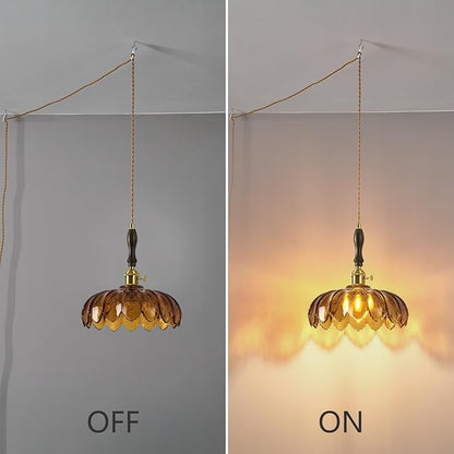 Modern Tawny Plug in Glass Pendant Light Retro Flower Glass Hanging Lamp Gold Brass Decorative Adjustable Ceiling Hanging Light Suitable for Kitchen Island Bedroom Dining Room Living Room