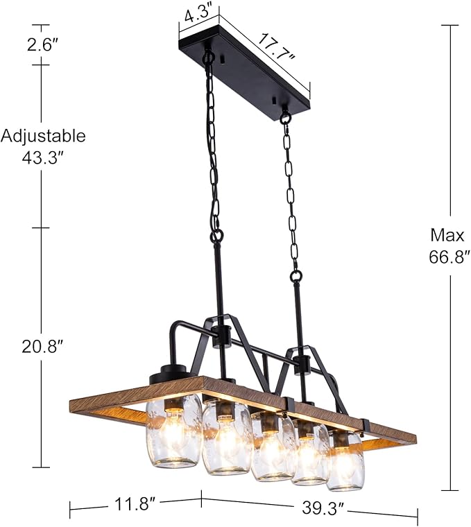 Wellmet Kitchen Island Chandelier, Mason Jar Pendant Light Dining Room, 5-Light Wooden Paint Pendant Light for Living Room, Dining Table, Kitchen, Hallway, Restaurant, 39.3''W