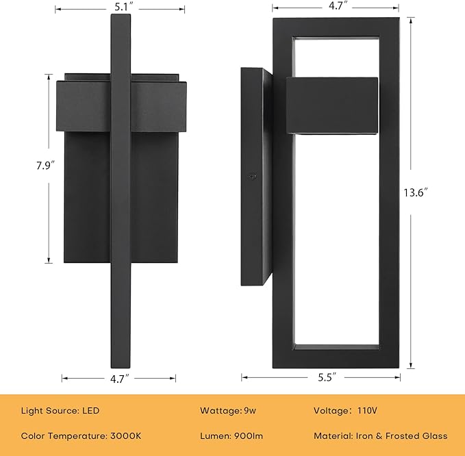 Krychiler 13.6 Inch Contemporary Outdoor Wall Lights with 3000K Integrated LED, 2 Packs Matte Black Metal Modern Exterior Lighting Fixtures Outside Wall Mount, for House Porch Patio Garage Front Door