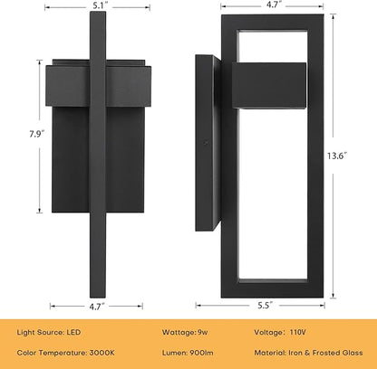 Krychiler 13.6 Inch Contemporary Outdoor Wall Lights with 3000K Integrated LED, 2 Packs Matte Black Metal Modern Exterior Lighting Fixtures Outside Wall Mount, for House Porch Patio Garage Front Door