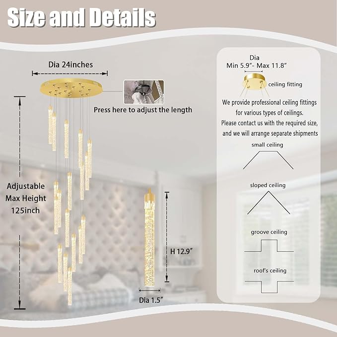 ykolupty H125'' Modern Crystal Chandelier 18-Lights Large Foyer Chandelier Crystal Pendant Ceiling Light for Staircaes Hallway Entrance Gold