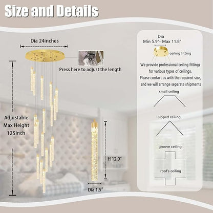 ykolupty H125'' Modern Crystal Chandelier 18-Lights Large Foyer Chandelier Crystal Pendant Ceiling Light for Staircaes Hallway Entrance Gold