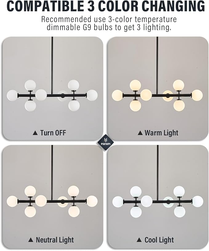 Modern Linear Chandeliers for Dining Room, 8-Light Globe Sputnik Pendant Ceiling Light, Black Dining Room Light Fixture Over Table, Mid Century Glass Milk White Bubble, 31.5 Inch, GC-09